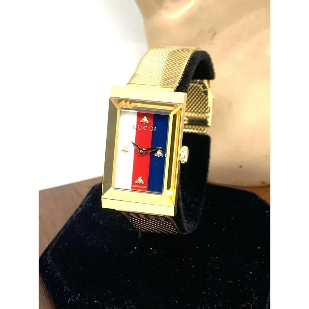 Gucci Women's Watch YA147410 G-Frame Gold Rectangular Dial Swiss Quartz Steel